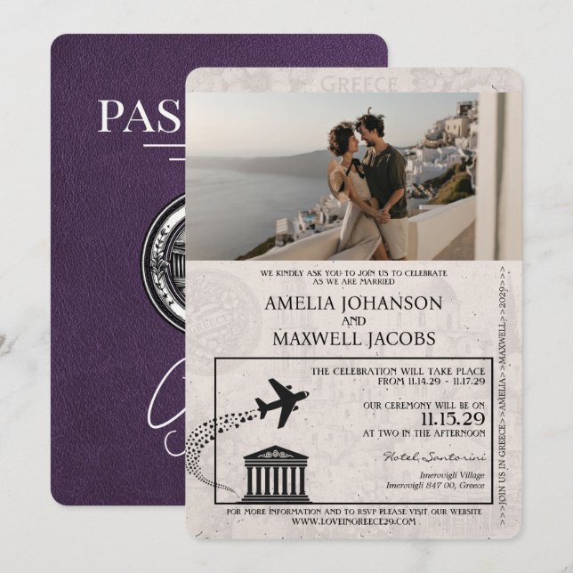 Invitación de matrimonio de pasaporte Violet Purpl (Anverso / Reverso)