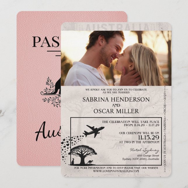 Invitación de matrimonio de pasaportes rosados de  (Anverso / Reverso)