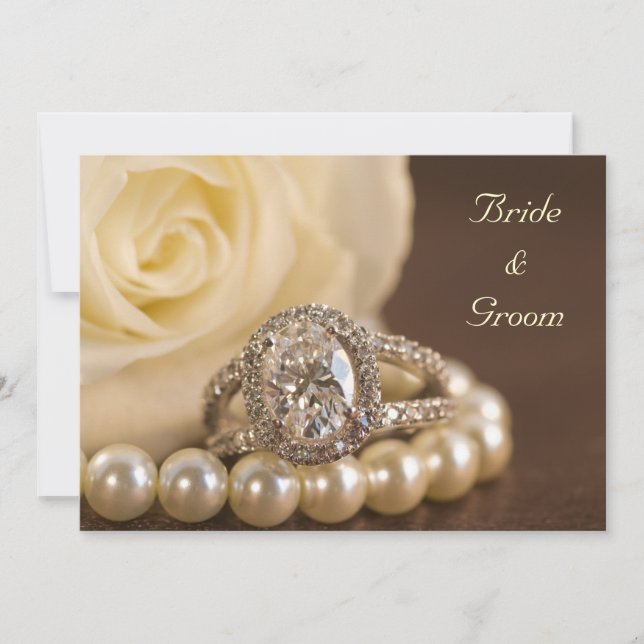 Invitación de matrimonio de rosa blanca del anillo (Anverso)