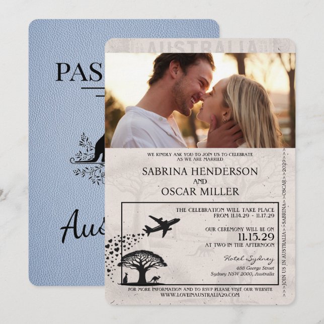 Invitación de matrimonio Dusty Blue Australia Pass (Anverso / Reverso)