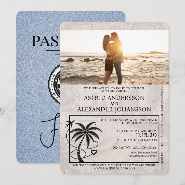 Invitación de matrimonio Dusty Blue Florida Passpo (Anverso / Reverso)