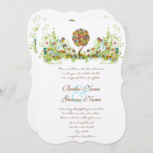 Invitación de matrimonio en árbol de amor de flor  (Anverso / Reverso)