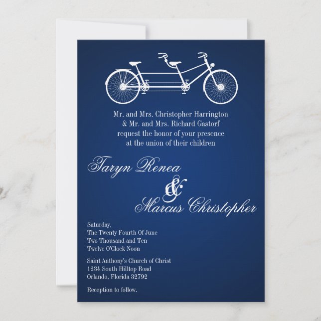 Invitación de matrimonio en bicicleta azul de la M (Anverso)