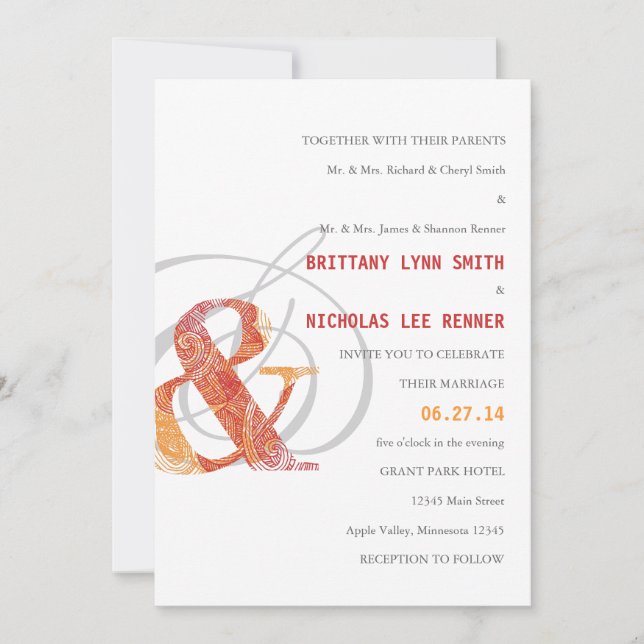 Invitación de matrimonio en rojo y Naranja (Anverso)