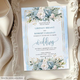 Invitación de matrimonio floral azul y polvoriento