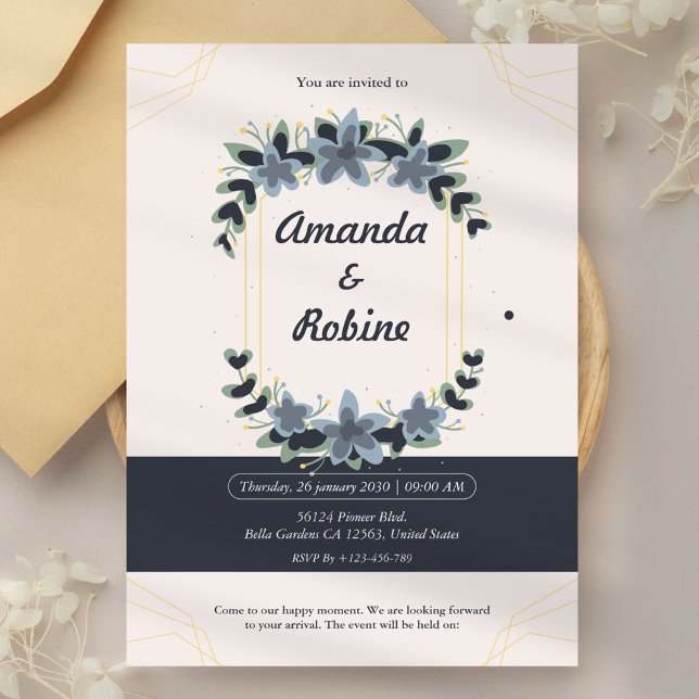 Invitación de matrimonio floral con marco de oro g (Subido por el creador)