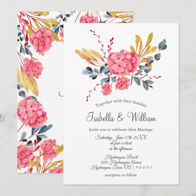 Invitación de matrimonio floral rosa Hydrangeas Bo (Anverso / Reverso)