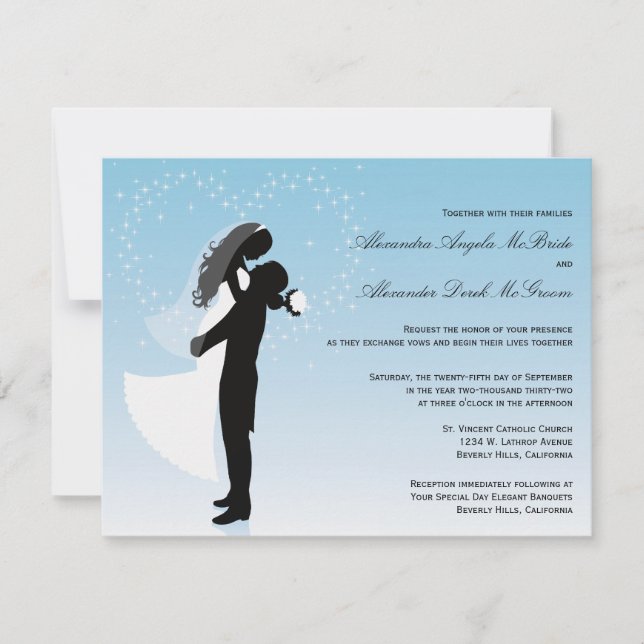Invitación de matrimonio formal de silueta azul na (Anverso)