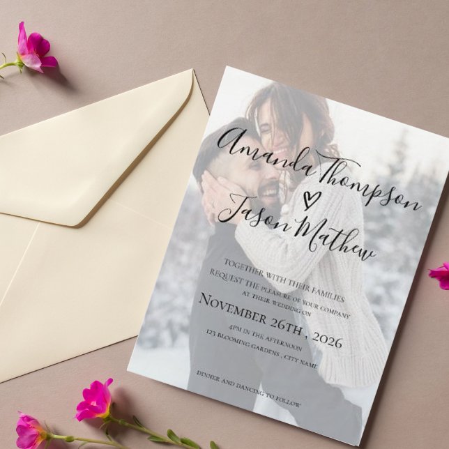 Invitación de matrimonio fotográfico con efecto Ve (Faux Vellum Effect Photo Wedding Invitation)