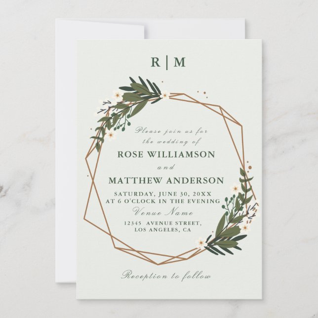 invitación de matrimonio geométrica de floral wrea (Anverso)