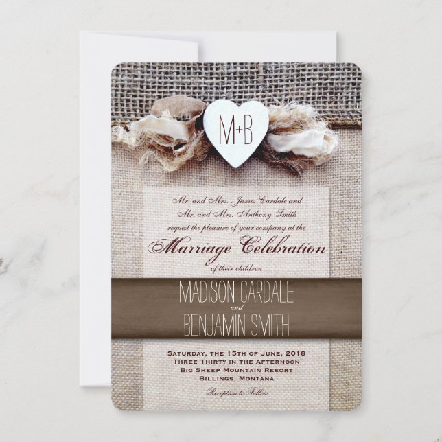 Invitación de matrimonio inicial burlap impreso en (Anverso)