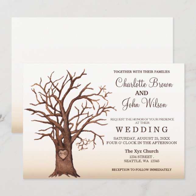 Invitación de matrimonio inicial tallada en árbol  (Anverso / Reverso)