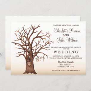 Invitación de matrimonio inicial tallada en árbol 