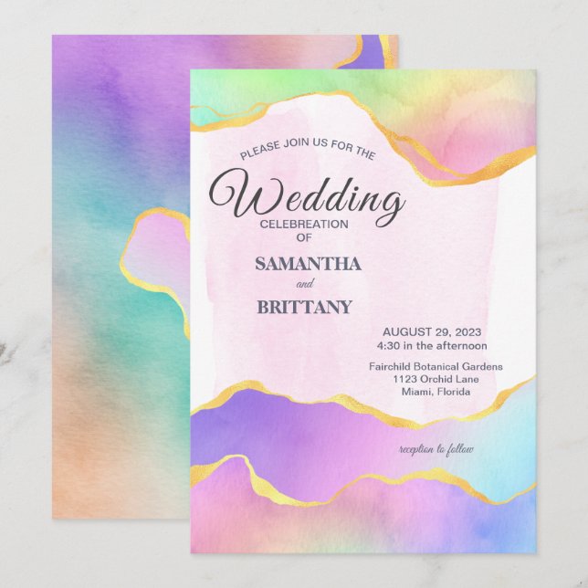 Invitación de matrimonio LGBT Gold & Rainbow Water (Anverso / Reverso)
