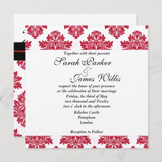 Invitación de matrimonio metálico negro y rojo Dam (Anverso / Reverso)