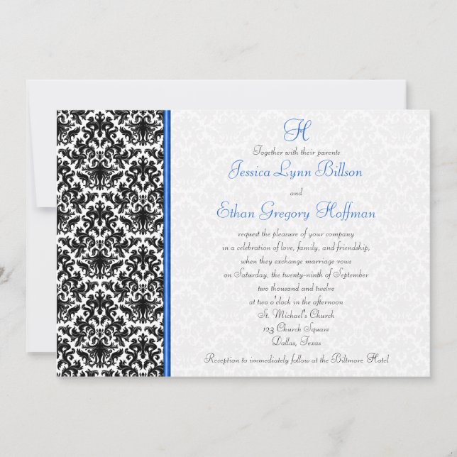 Invitación de matrimonio negro, blanco y azul para (Anverso)