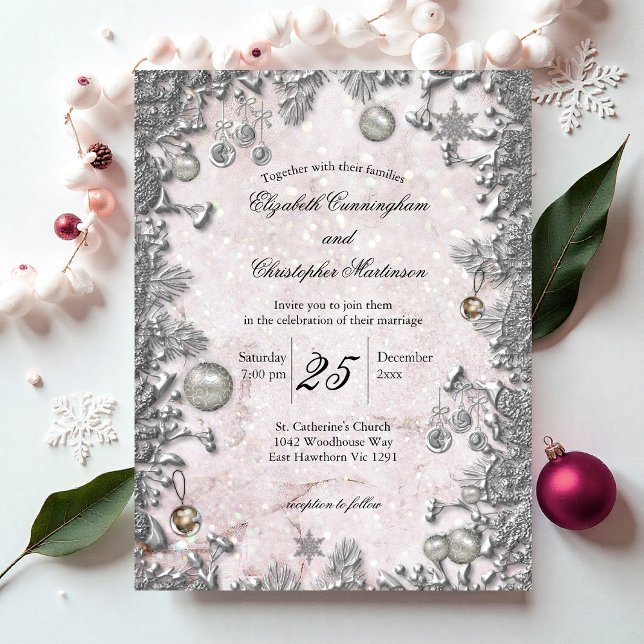 Invitación de matrimonio para Navidades de inviern (Magical Silver Winter Christmas Wedding Invitation Postcard by the Elegant Wedding)