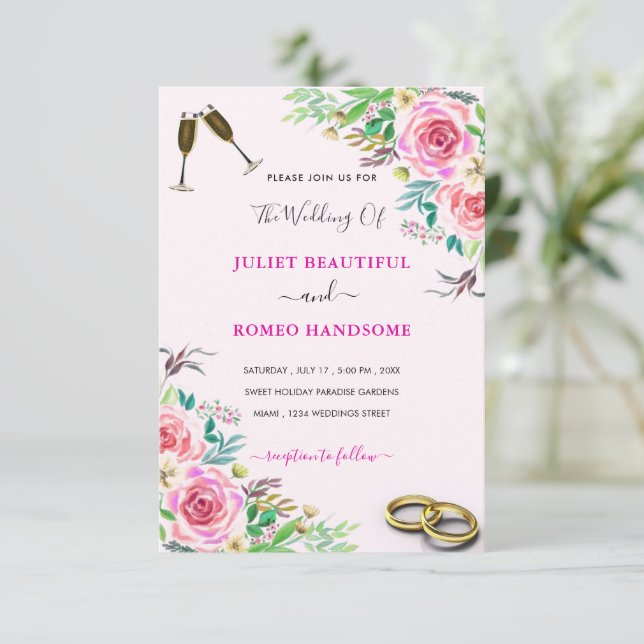 Invitación de matrimonio para Rosas de acuarela co (Anverso de pie)