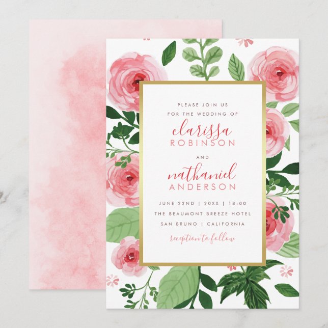 Invitación de matrimonio para Rosas de acuarela fl (Anverso / Reverso)