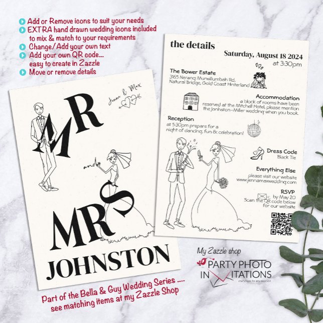 Invitación de matrimonio rápido dibujada a mano po (Bella and Guy Invitation Suite.)