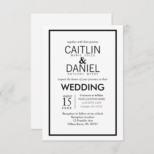 Invitación de matrimonio simple de borde negro y n (Anverso / Reverso)