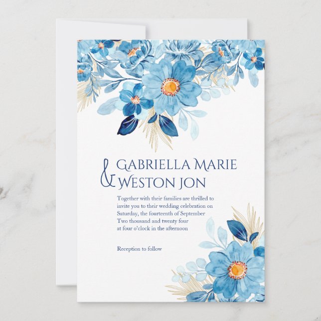 Invitación de matrimonio temática floral azul auda (Anverso)