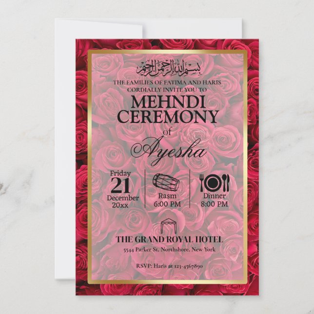 Invitación de Mehndi, Boda islámico Rosa de oro fl (Anverso)