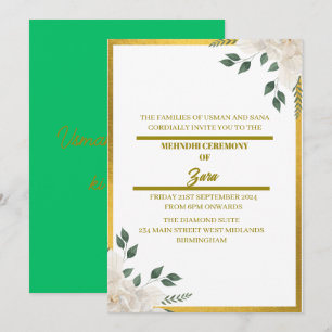 Invitación de Mehndi floral verde y dorado a medid