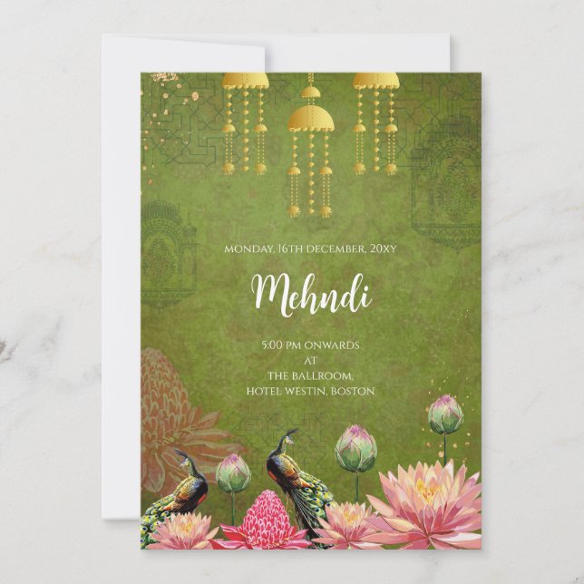 Invitación de Mehndi para el pavo real digital ind (Anverso)