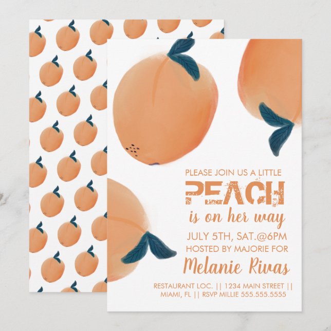 Invitación de melocotón para baby shower de verano (Anverso / Reverso)