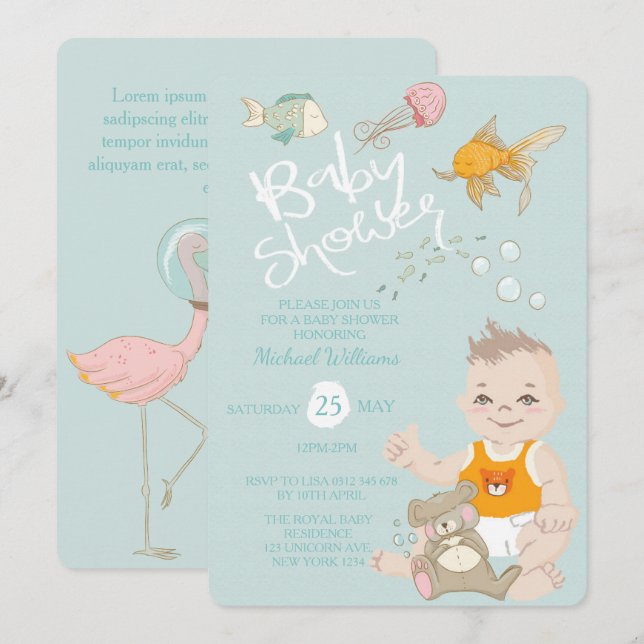 Invitación de Mermaid Ocean Boy Blue Baby Shower (Anverso / Reverso)
