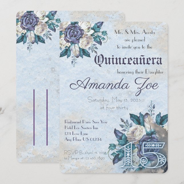 Invitación de Mis Quince Dusty Blue Floral (Anverso / Reverso)