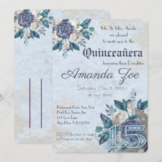 Invitación de Mis Quince Dusty Blue Floral