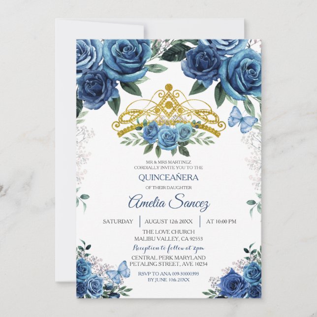 Invitación de Mis Quince Mexicana Azul Marino y Do (Anverso)