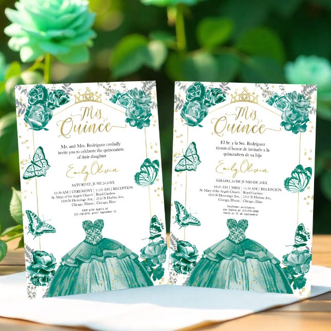 Invitación de Mis Quince Verde Esmeralda Bilingüe (Subido por el creador)