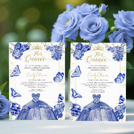 Invitación De Mis Quince Vestido Azul Bilingüe Rea