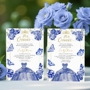 Invitación De Mis Quince Vestido Azul Bilingüe Rea