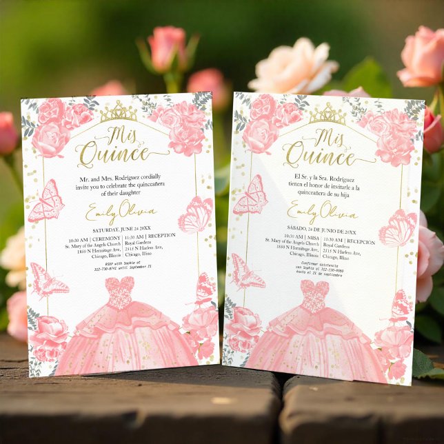 Invitación De Mis Quince Vestido Bilingüe Rosa Flo (Subido por el creador)