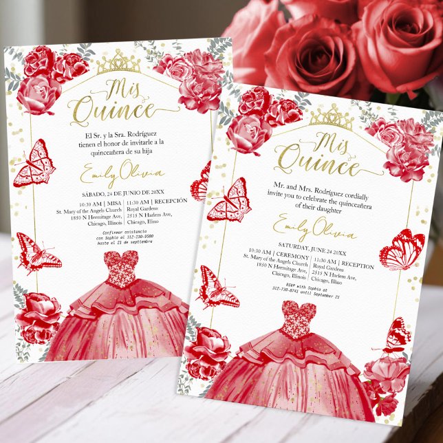Invitación De Mis Quince Vestido Rojo Bilingüe Flo (Subido por el creador)