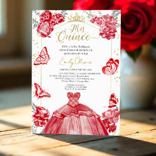 Invitación De Mis Quince Vestido Rojo Español Flor