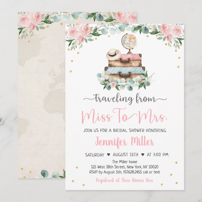 Invitación De Miss A Sra. Pink Floral Travel Bridal Shower (Anverso / Reverso)