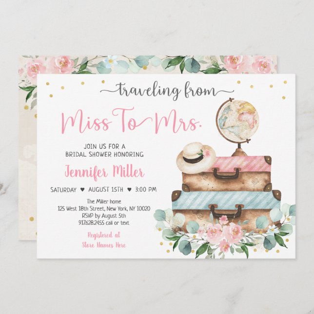 Invitación De Miss A Sra. Pink Floral Travel Bridal Shower (Anverso / Reverso)
