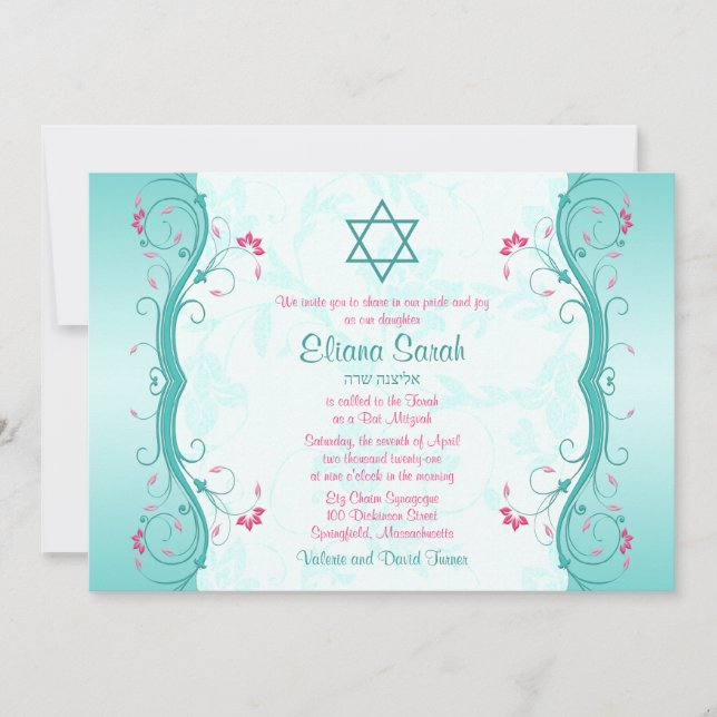 Invitación de Mitzvah a Bat Floral Rosa Turquesa (Anverso)
