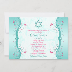 Invitación de Mitzvah a Bat Floral Rosa Turquesa