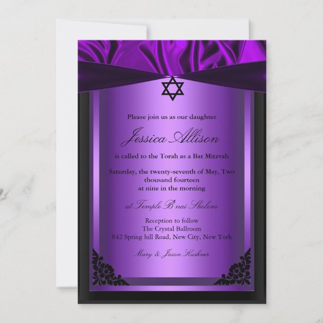 Invitación de mitzvah de murciélago de seda morado (Anverso)