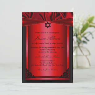 Invitación de mitzvah de murciélago de seda rojo y