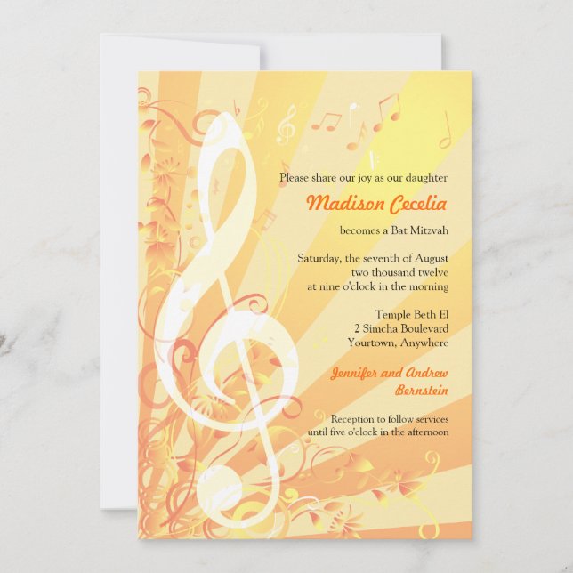 Invitación de Mitzvah del palo de los Clefs de la (Anverso)