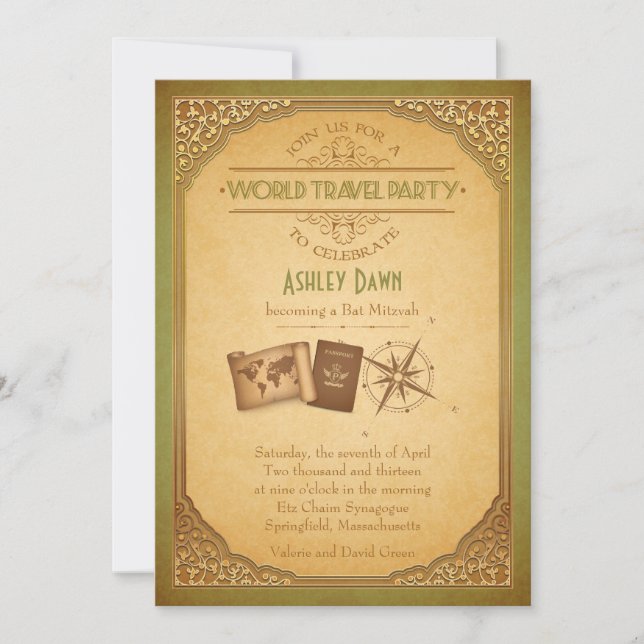 Invitación de Mitzvah del Viaje del Mundo Vintage (Anverso)