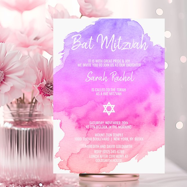 Invitación de MITZVAH, una estrella rosada de colo (Modern Watercolor Pink Star BAT MITZVAH Invitation)