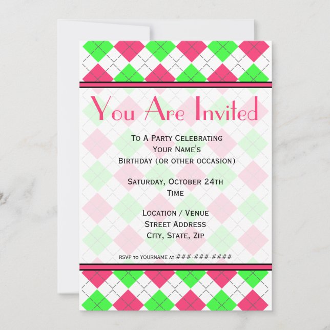 Invitación de moda argyle rosa brillante y verde (Anverso)